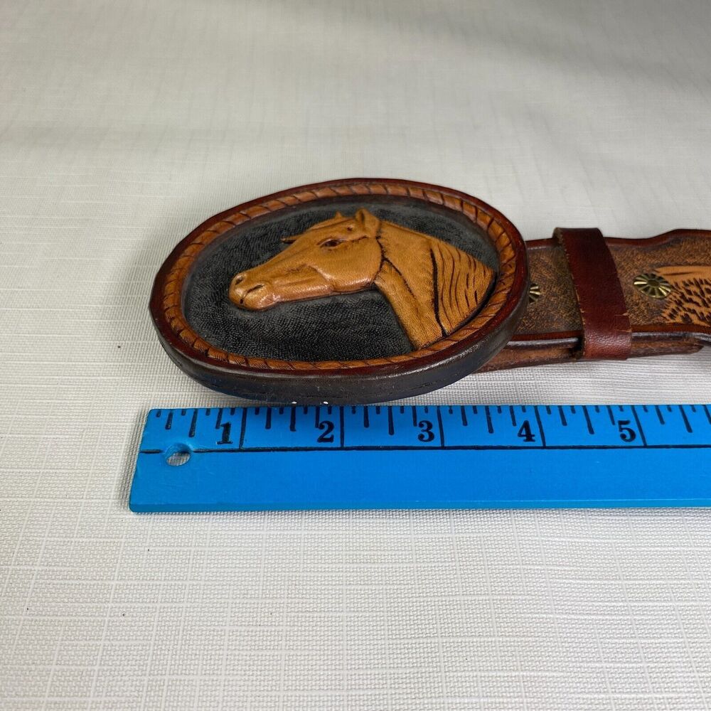 Hand Tooled LEATHER 3-D HORSES SCENE Western Belt! Handmade T Goodloe Sz 29 - Picture 5 of 16
